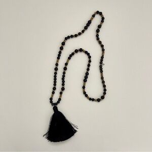HipChik Lava Stone Black and Gold Beaded Tassel Necklace